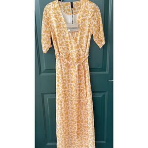 NWT Y.A.S. Mustard Yellow Floral Faux Wrap Maxi Dress M Cottagecore Fall